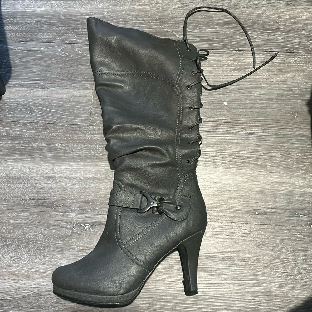 Dark grey 3inch knee high heeled boots